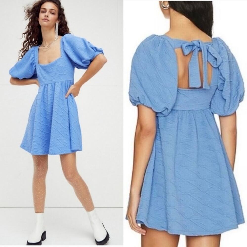 Free People Womens XS Violet Mini Dress Smocked Puff Sleeve Fit Flare Skater
